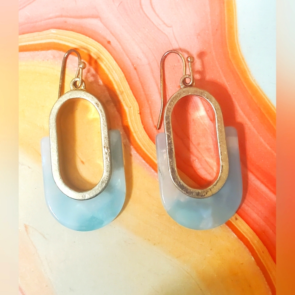 Gold oval hoops with blue and white blended enamel
